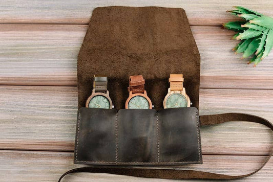 Leather Watch Roll Case: Cognac / 3 watches