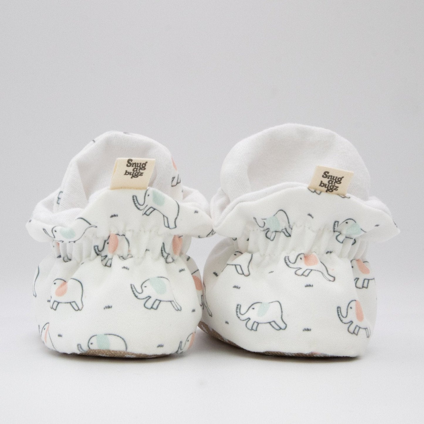 White Elephant Print - Baby Booties That Stay On with Non-Slip Soles | Snugabugz