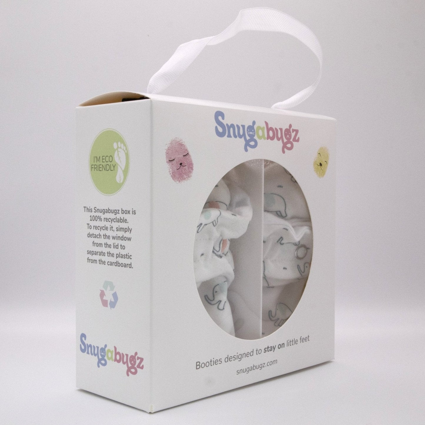 White Elephant Print - Baby Booties That Stay On with Non-Slip Soles | Snugabugz