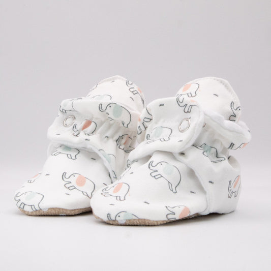 White Elephant Print - Baby Booties That Stay On with Non-Slip Soles | Snugabugz