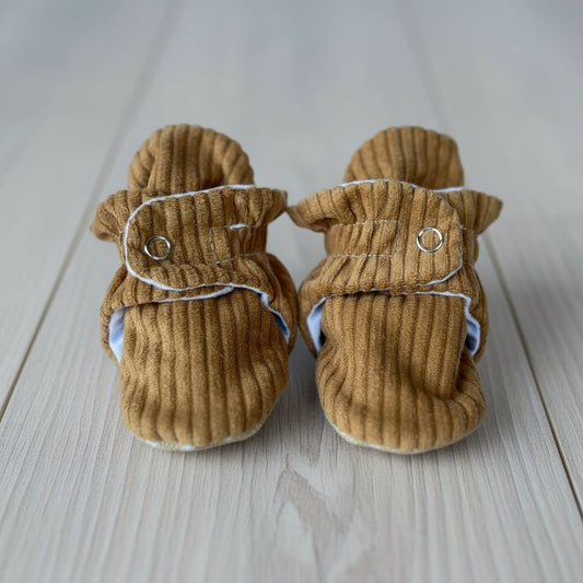 Tan Corduroy - Baby Booties That Stay-On With Non-Slip Soles | Snugabugz