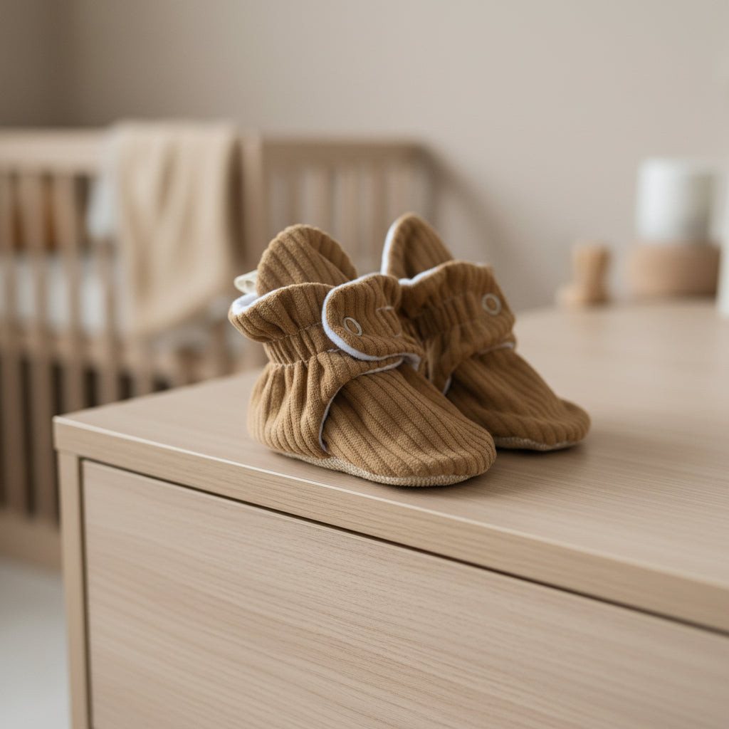 Tan Corduroy - Baby Booties That Stay-On With Non-Slip Soles | Snugabugz
