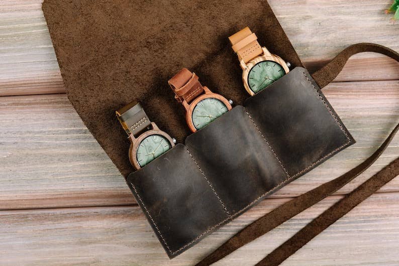 Leather Watch Roll Case: Cognac / 3 watches